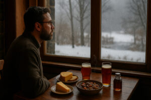 Cloudy morning sky showing changing weather North Bennington VT over small town rooftops