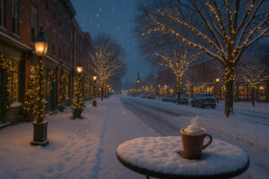 Overcast sky and quiet street scene showing changing north bennington weather in early morning