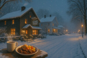 Overcast sky and quiet street scene showing changing north bennington weather in early morning