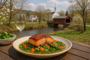 Overcast sky and quiet street scene showing changing north bennington weather in early morning