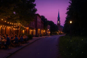 Overcast sky and quiet street scene showing changing north bennington weather in early morning