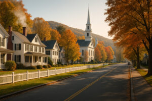 Scenic village green with historic New England homes in Woodstock Vermont