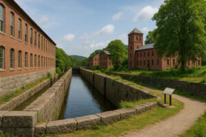 Scenic downtown riverfront view in Bellows Falls VT with historic buildings and bridge