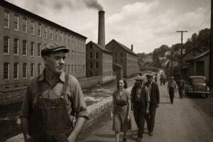 Scenic downtown riverfront view in Bellows Falls VT with historic buildings and bridge