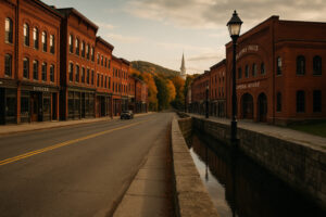 Scenic downtown riverfront view in Bellows Falls VT with historic buildings and bridge