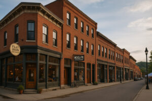 Scenic downtown riverfront view in Bellows Falls VT with historic buildings and bridge
