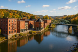 Scenic downtown riverfront view in Bellows Falls VT with historic buildings and bridge