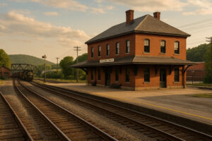 Scenic downtown riverfront view in Bellows Falls VT with historic buildings and bridge