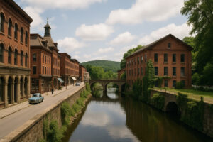 Scenic downtown riverfront view in Bellows Falls VT with historic buildings and bridge