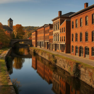 Scenic downtown riverfront view in Bellows Falls VT with historic buildings and bridge
