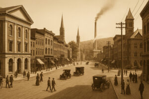 Scenic downtown riverfront view in Bellows Falls VT with historic buildings and bridge