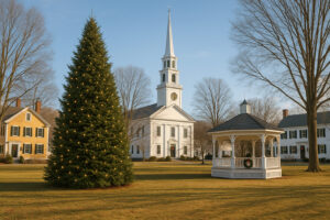 Scenic village green, shops, and historic buildings showing things to do in Woodstock Vermont on a sunny day