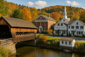 Scenic village green, shops, and historic buildings showing things to do in Woodstock Vermont on a sunny day