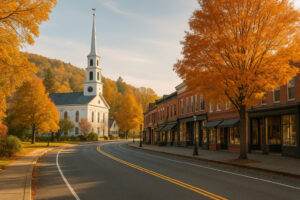 Scenic village green, shops, and historic buildings showing things to do in Woodstock Vermont on a sunny day