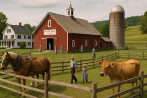 Scenic village green, shops, and historic buildings showing things to do in Woodstock Vermont on a sunny day