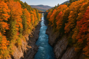 Scenic village green, shops, and historic buildings showing things to do in Woodstock Vermont on a sunny day