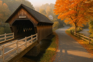 Scenic village green, shops, and historic buildings showing things to do in Woodstock Vermont on a sunny day