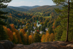 Scenic village green, shops, and historic buildings showing things to do in Woodstock Vermont on a sunny day