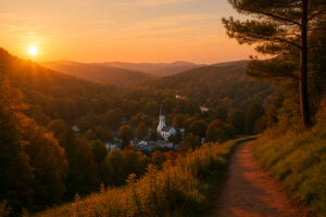 Scenic village green, shops, and historic buildings showing things to do in Woodstock Vermont on a sunny day