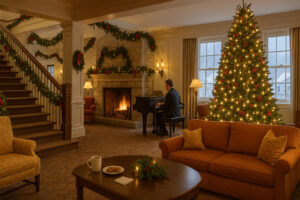 Festive town square with lights and decorated trees during Woodstock Vermont Christmas celebration