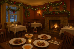 Festive town square with lights and decorated trees during Woodstock Vermont Christmas celebration