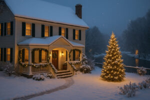Festive town square with lights and decorated trees during Woodstock Vermont Christmas celebration