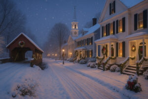 Festive town square with lights and decorated trees during Woodstock Vermont Christmas celebration