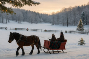 Festive town square with lights and decorated trees during Woodstock Vermont Christmas celebration