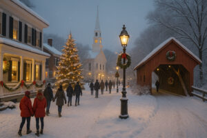 Festive town square with lights and decorated trees during Woodstock Vermont Christmas celebration