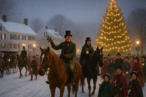 Festive town square with lights and decorated trees during Woodstock Vermont Christmas celebration