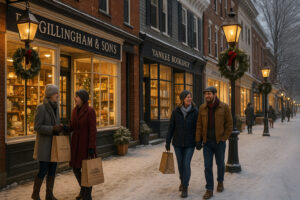 Festive town square with lights and decorated trees during Woodstock Vermont Christmas celebration
