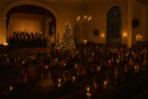 Festive town square with lights and decorated trees during Woodstock Vermont Christmas celebration