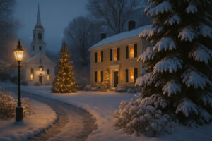 Festive town square with lights and decorated trees during Woodstock Vermont Christmas celebration