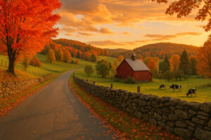 Colorful autumn trees and historic village streets during woodstock vermont fall season