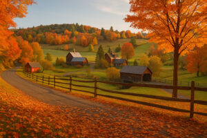 Colorful autumn trees and historic village streets during woodstock vermont fall season