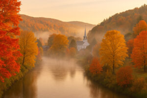 Colorful autumn trees and historic village streets during woodstock vermont fall season