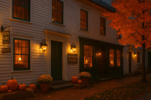 Colorful autumn trees and historic village streets during woodstock vermont fall season