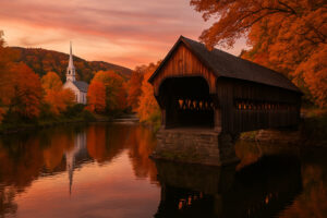 Colorful autumn trees and historic village streets during woodstock vermont fall season