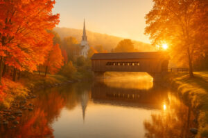 Colorful autumn trees and historic village streets during woodstock vermont fall season