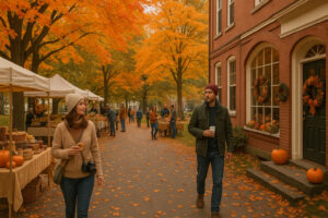 Colorful autumn trees and historic village streets during woodstock vermont fall season