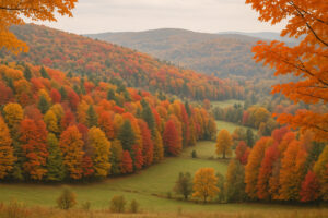 Colorful autumn trees and historic village streets during woodstock vermont fall season