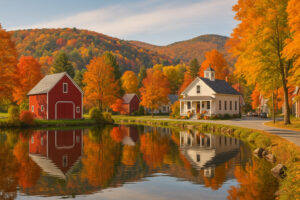 Colorful autumn trees and historic village streets during woodstock vermont fall season