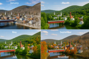 Overcast sky and riverfront view showing current bellows falls weather in a small Vermont town