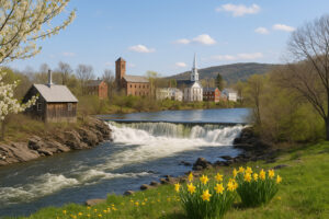 Overcast sky and riverfront view showing current bellows falls weather in a small Vermont town