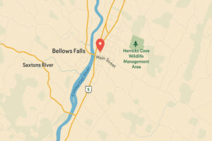 Overcast sky and riverfront view showing current bellows falls weather in a small Vermont town