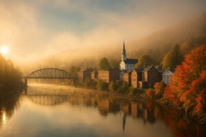 Overcast sky and riverfront view showing current bellows falls weather in a small Vermont town