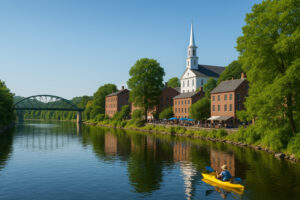 Overcast sky and riverfront view showing current bellows falls weather in a small Vermont town