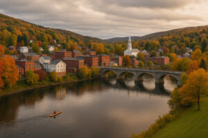 Overcast sky and riverfront view showing current bellows falls weather in a small Vermont town