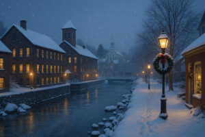 Overcast sky and riverfront view showing current bellows falls weather in a small Vermont town