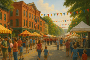 Overcast sky and riverfront view showing current bellows falls weather in a small Vermont town